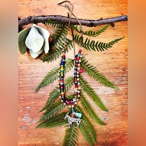 Rustic double glass and wood necklace w/horse pendant